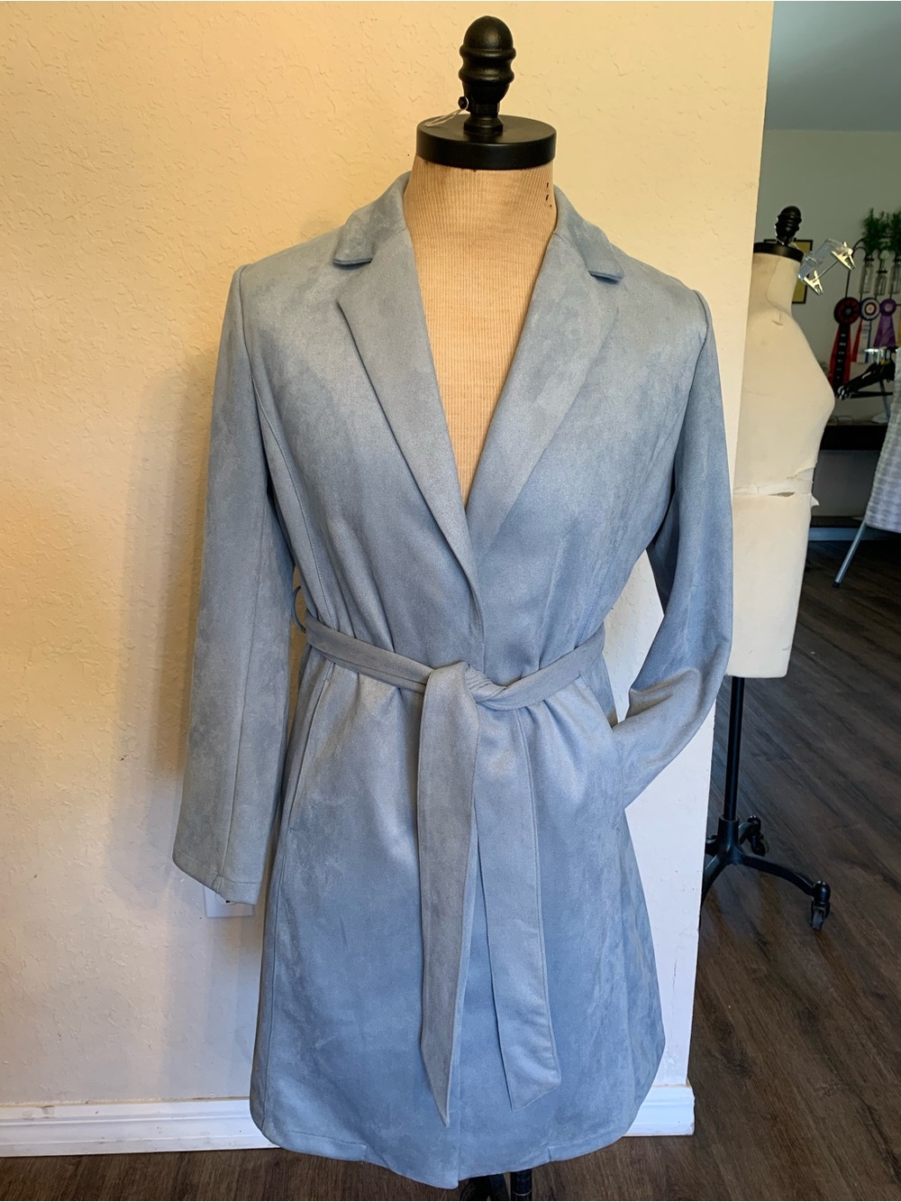 Tahari faux suede belted wrap jacket in a dusty sky blue size L